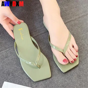 

New Women slippers 2020 summer clip Toe flip flops ladies outdoor beach flat casual woman shoes Square head Candy colors female