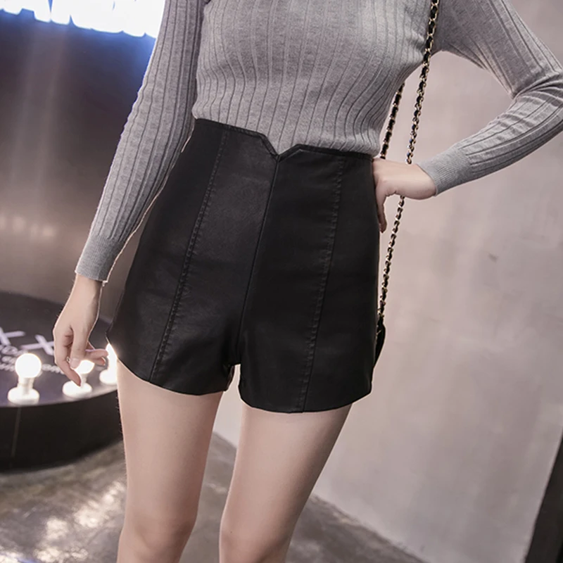 

Autumn Winter High Waist Zipper PU Leather Shorts Women Plus Size Sexy Width-leg Belt Shorts Female Streetwear Fashion Shorts