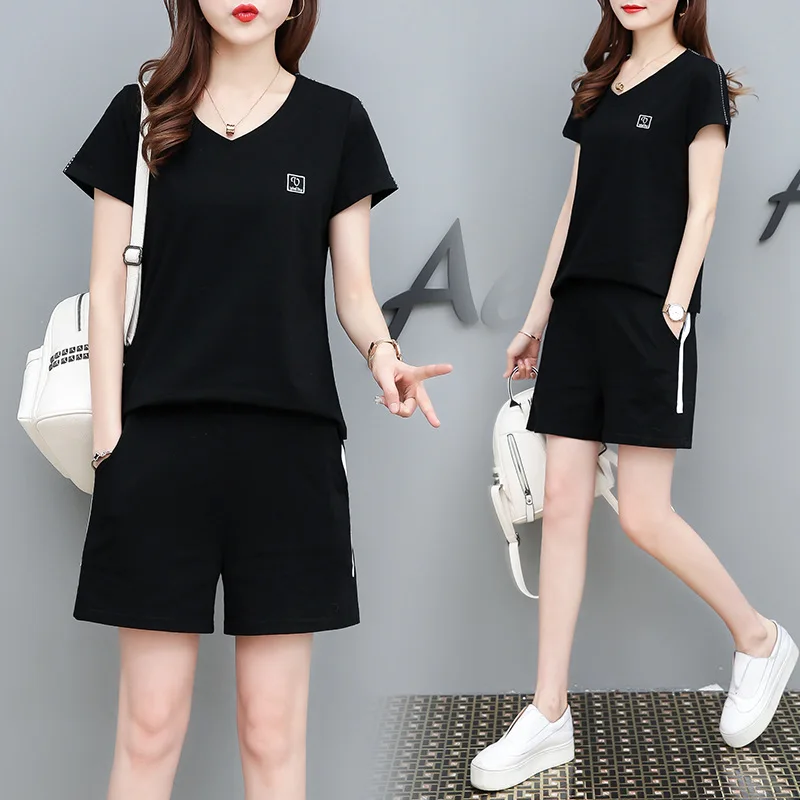 

Figure Rong Summer Short-sleeved Shorts Casual WOMEN'S Suit Korean-style Fashion V-neck Running Sports Two-Piece Set