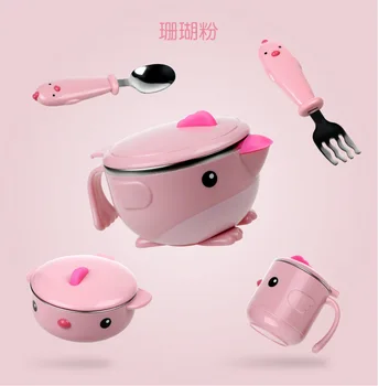 

5pcs Baby Insulation Tableware Baby Food Shatter-Resistant Suction Cup Bowl Children Stainless Steel Fork Spoon Tableware Set