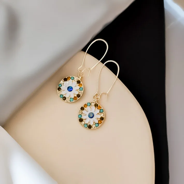 

New Bohemian Jewelry Colorful Rhinestone Enamel Round Pendant Drop Earrings For Women Vintage Dangle Earings