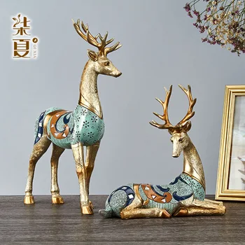 

2pcs Resin LUCKY Deer Elk Figurine Statue Home Living Room Decor Crafts Sculpture Creative Gifts Modern Desktop Ornament