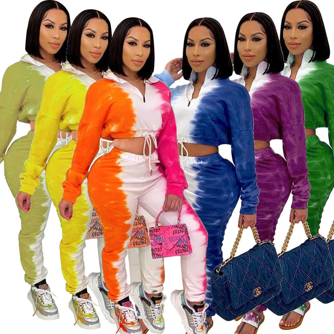 

Tie Dye Two Piece Sets Autumn Women's Set Casual Color Patchwork Long Sleeve Crop Tos Hoddies Joggers Pant Suit Street Tracksuit