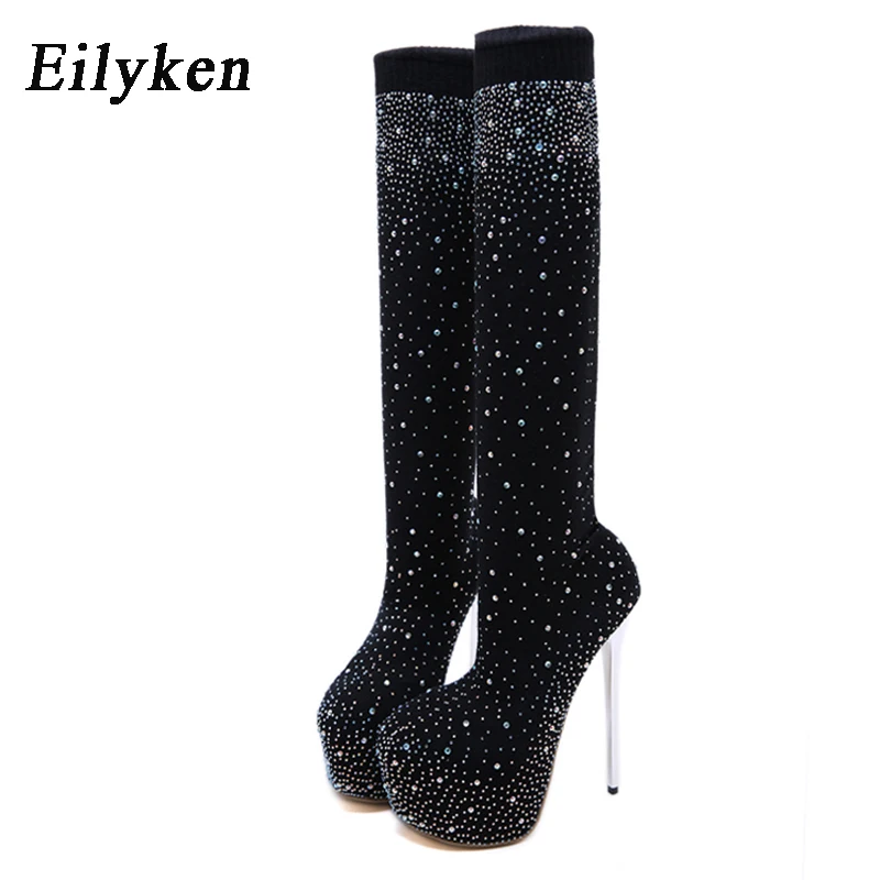 Eilyken/модные сапоги выше колена, стразы, эластичная ткань, платформа, круглый носок, Шпилька женские пикантные Клубные сапоги до бедра на высоком каблуке
