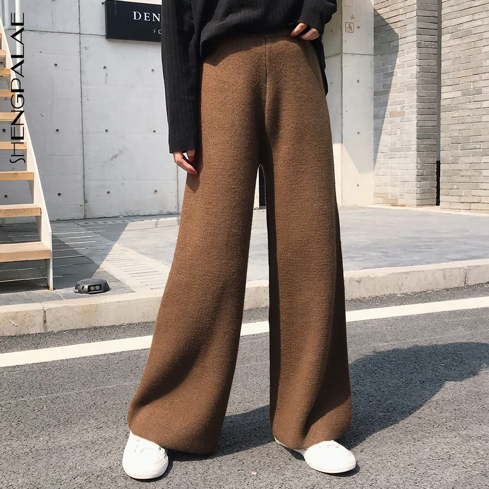 SHENGPALAE вязанные широкие брюки для женщин с высокой поясничной талией в западном стиле обтягивающие шерстяные плотные зимние штаны A565