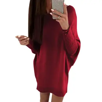 

Womens dress Autumn Winter Long Sleeve Boat Neck Plus Size Loose Sweater Mini Dress Womens wear