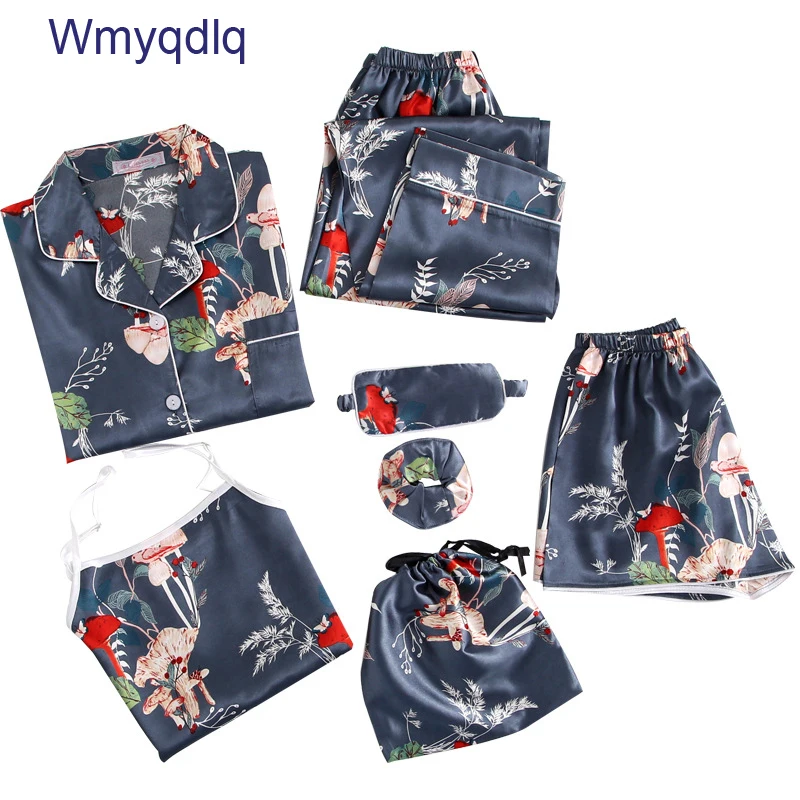 

Wmyqdlq 7 Piece PIjamas Women Autumn Pajama Suit Long Sleeve Sexy Sling Ice Silk Home Clothes Striped Thin Female Pajamas Set