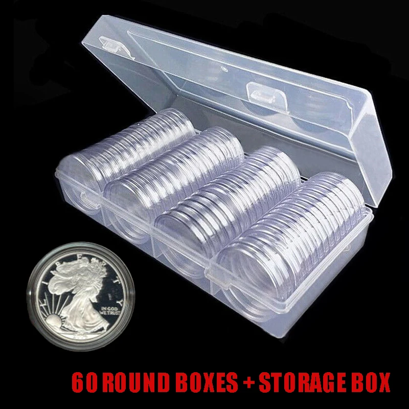 

60pcs/set Round Clear Coin Storage Box 40/41mm Plastic Coin Display Box Coin Cases Capsules Holder Home Dector Accessories