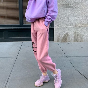 

Pink Butterfly Printed Harajuku Joggers Women High Waist Cargo Pants Femme Korean Style Trousers Sweatpants Streetwear