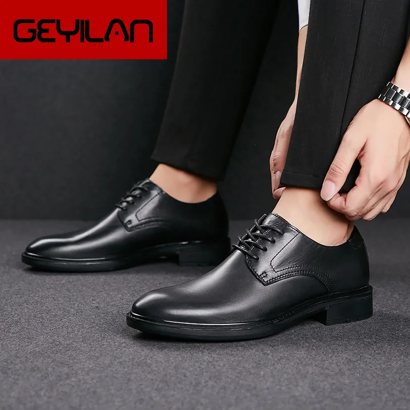 

Fashion Genuine Leather Men formal Dress Shoes outdoor Business Male Shoes Classic lace up Pointed Toe Block wedding Party shoes