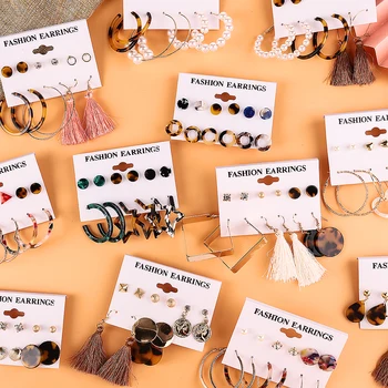 

WYBU 13 Style Hoop Drop Earring Set For Women Triangle Stud Earing Set Cotton Tassel Earing 2020 Brinco Female Bijouterie