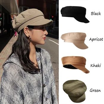 

Women Washed Military Caps Adjustable Fitted Thicker Cap 2019 Classic Vintage Flat Top Winter Warm Hats For Female