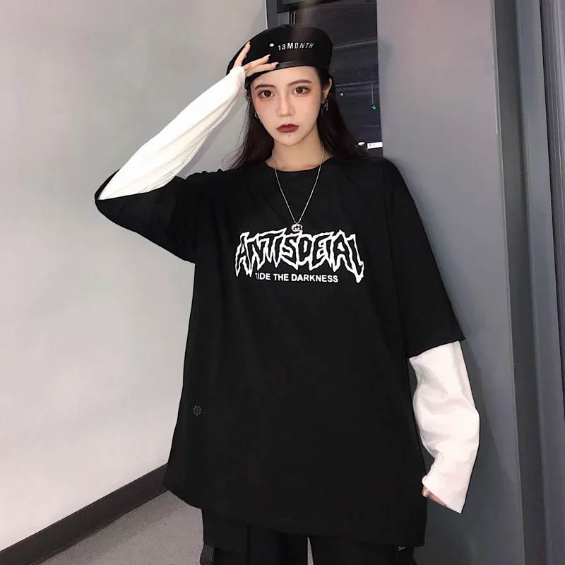 Уличная футболка Женская Толстовка Harajuku поддельные две части печати футболка хип хоп топы негабаритных футболки женские футболки mujer