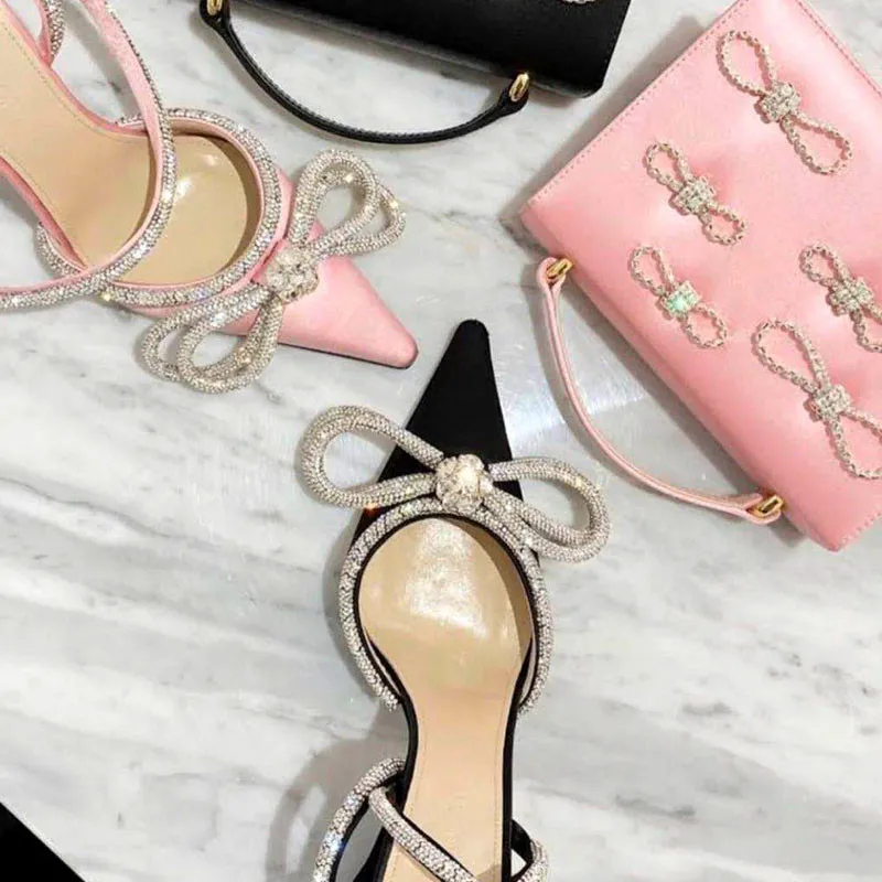 Runway style Glitter Rhinestones Women Pumps Crystal bowknot Satin Summer Lady Shoes Genuine leather High heels Party Prom Shoes