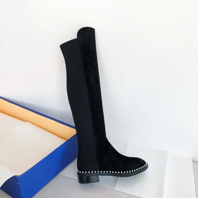 BELLECOM/4,5 см; квадратные эластичные сапоги; женские высокие сапоги; Mi Pearl; эластичные сапоги выше колен; высокие сапоги - Цвет: Black sheep noodles