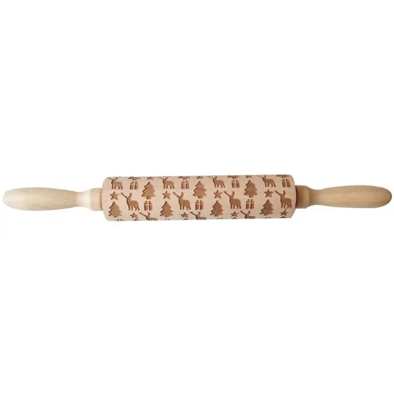 Christmas Rolling Pin Dough Wooden Christmas Embossing Rolling Pin Stick Baking Pastry Tool Christmas Decoration for Home
