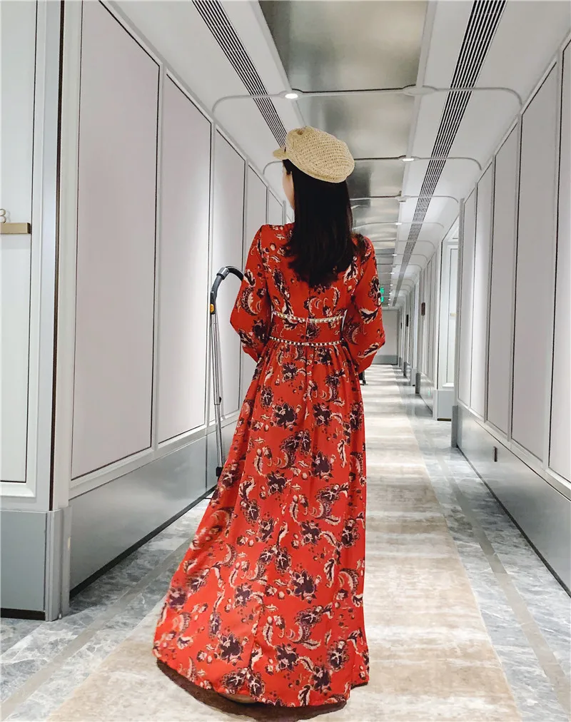 Женское Макси-платье, винтажное, Vestidos, Осеннее, женское, новое, с v-образным вырезом, с красным принтом, с жемчужинами, с разрезом, с длинным рукавом, Пляжное, длинное платье