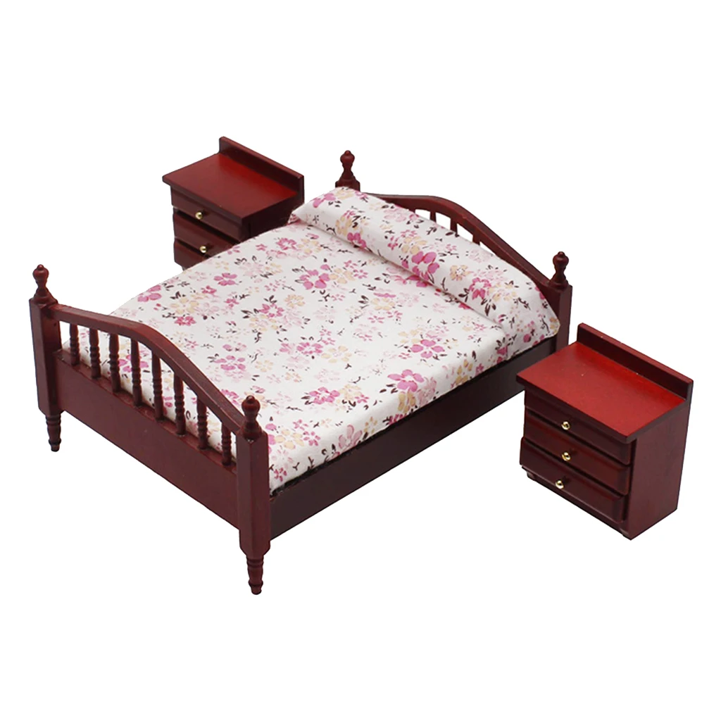 1:12 Dollhouse Miniature Mini Furniture Double Bed Bedside Table Decor