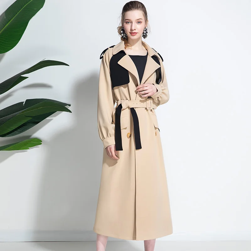 2020 Autumn Khaki Trench Coat for Office Lady Adjustable Waist Patchwork Double Breasted Long Turn-down Collar Outwear 1142 | Женская