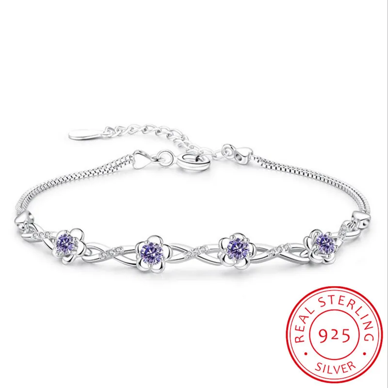 Silver Bracelet 925 Sterling Silver Bracelets Purple White Zirconia Plum Flower for Women