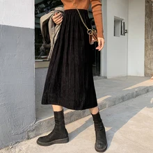 Черная бархатная длинная юбка миди для женщин осень зима трендовые прямые Jupe Femme эластичные Высокая талия корейский Тонкий Сплит плиссированные юбки