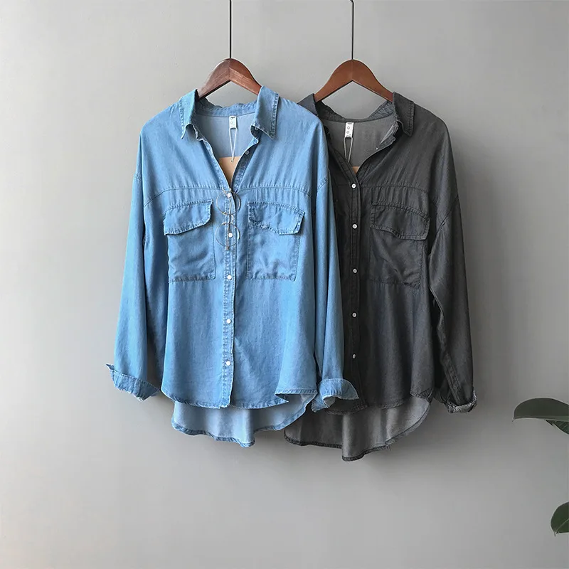 

Mooirue Autumn Spring 2019 Female Casual Blouse Vintage Long Turn-down Collar Denim Shirts Feminina Boho Tops