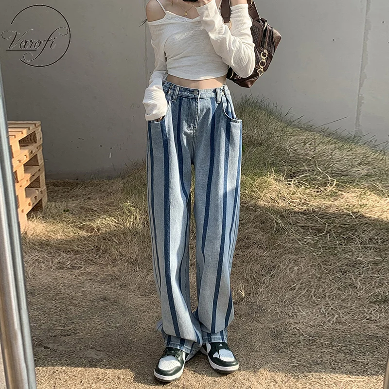 

Varofi Striped high waist wide leg jeans women's straight pants jeans for women y2k jeans baggy jeans women blue pants