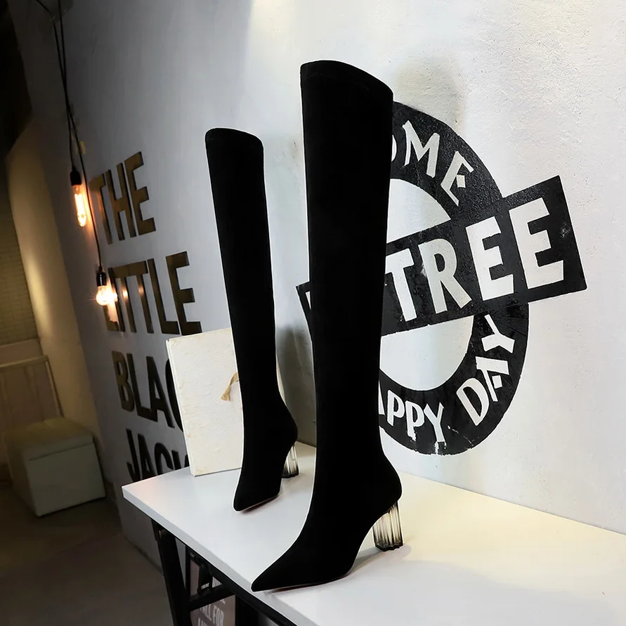 

BIGTREE Flock Women Boots Sexy Over The Knee High Women Fashion Winter Warm Pointed Toe Black Boots Shoes Woman Pumps