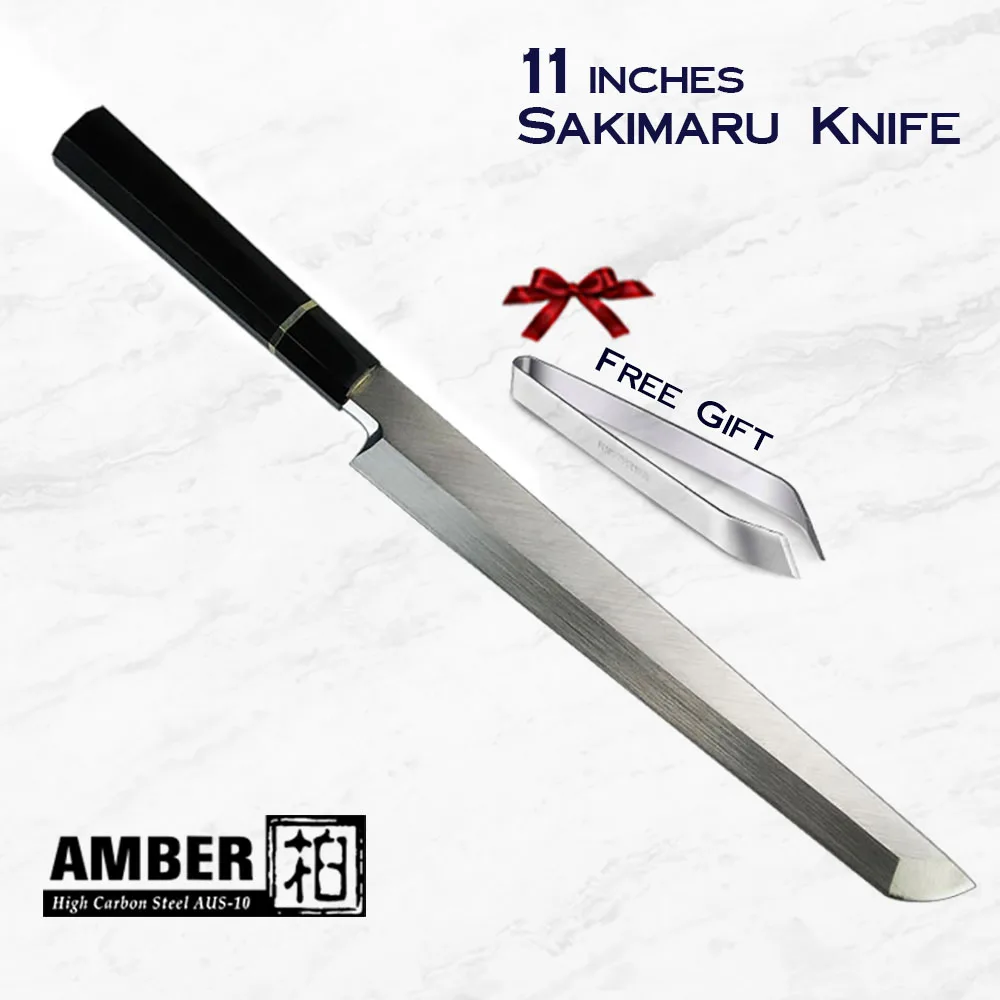 

Amber Knife 11 inch Octagonal Ebony Wood Handle AUS-10 Solid Steel Sakimaru Knife High Carbon Stainless Steel Kitchen Chef Knife