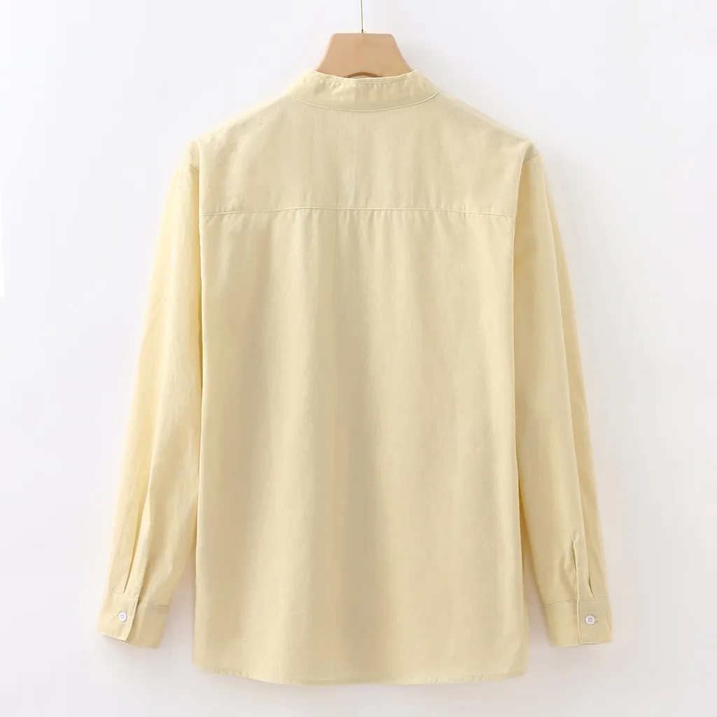 Мужская мешковатая льняная рубашка с длинным рукавом VogueShirts Camisa Fe Мужская рубашка на пуговицах с карманом и стоячим воротником Топы