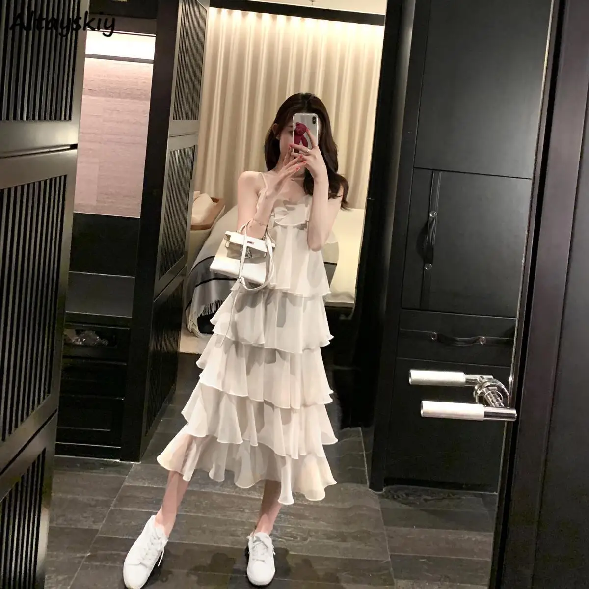 Ruffles Dress Women Spaghetti Strap Ulzzang Summer Holiday All-match Casual  Loose Friend Solid Simple Ins V-neck Ladies Clothes - AliExpress 200000345