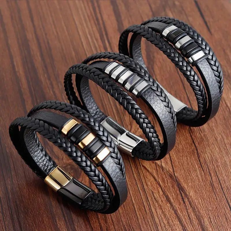 

Black Gold Punk Style Bracelet 3 Models New 3 Layers Male Bracelets PU 1PC Leather Bracelet Steel Magnetic Button Birthday Gift