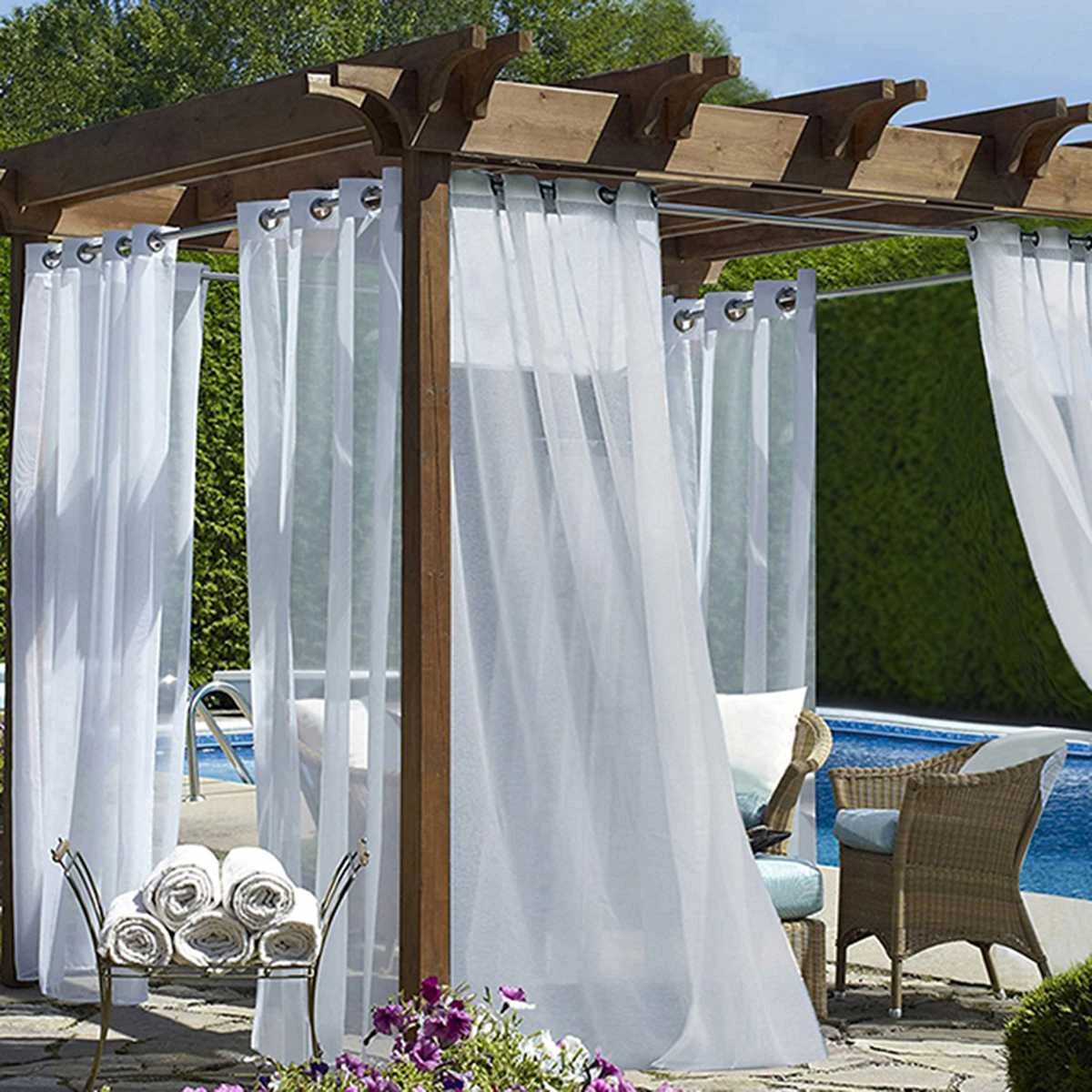 Cortinas transparentes impermeables para decoración de jardín, porche, playa, Patio, gasa Exterior con arandela de plata|Cortinas| - AliExpress