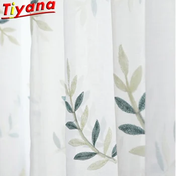 

Blue/Green Leaves Embroidery Tulle Curtains for Living Room Fine Leaves Sheer Volie for Kitchen Balcony X-HM456#30