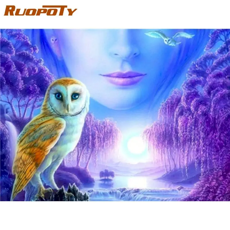 

RUOPOTY Frame Owl Beauty Diy Painting By Numbers Sika Deer Paint By Number Animal Handpainted Gift Wall Decor Frame 60Ã—75cm