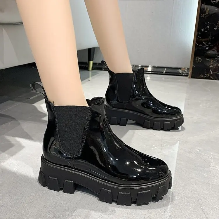 Punk Boot Motorcycle-Boots Fashion Shoes Spring Black Patent Leather Women Female Ankle