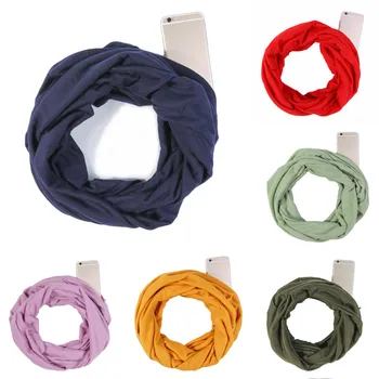

Unisex Lovers Winter Solid Warm Loop Scarf Zippered Phone Pocket Shawl Ring