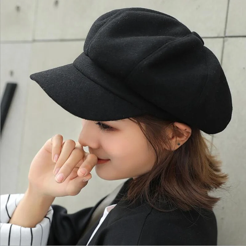 

2019 new wool Women Beret Autumn Winter Octagonal Cap Hats Stylish Artist Painter Newsboy Caps Black Grey Beret Hats