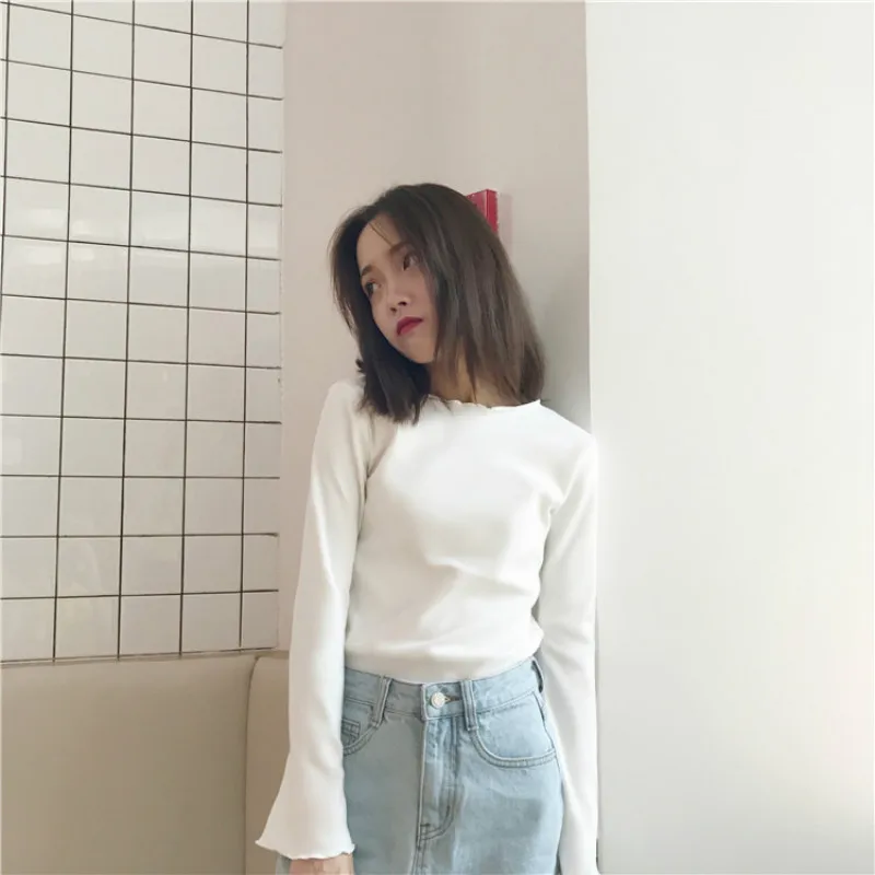 

SVOKOR Ruffled Long Sleeve Bottoming T Shirt Round Neck Loose Harajuku Women's Tops Temperament Leisure Tshirt