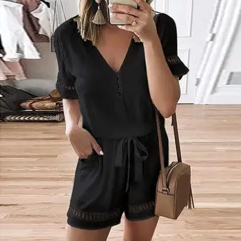 

Women Bodysuit Sexy Chiffon V-Neck Short Sleeve Womens Jumpsuit Rompers Trend Solid Color Plus Size Jumpsuit Summer