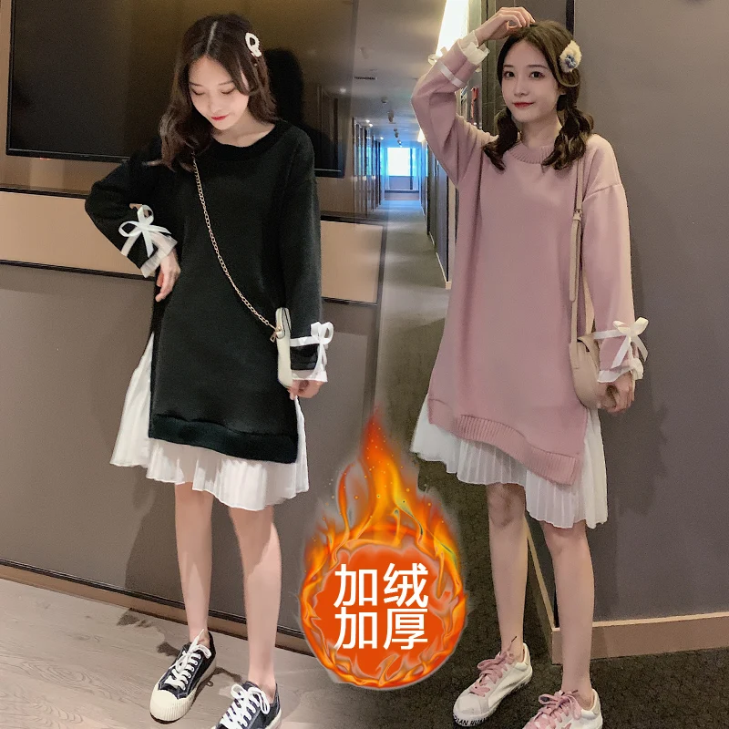Зимнее плотное платье для кормящих мам с бантом и расклешенными рукавами; Плиссированное шифоновое платье в стиле пэчворк; вязаное платье для кормления грудью