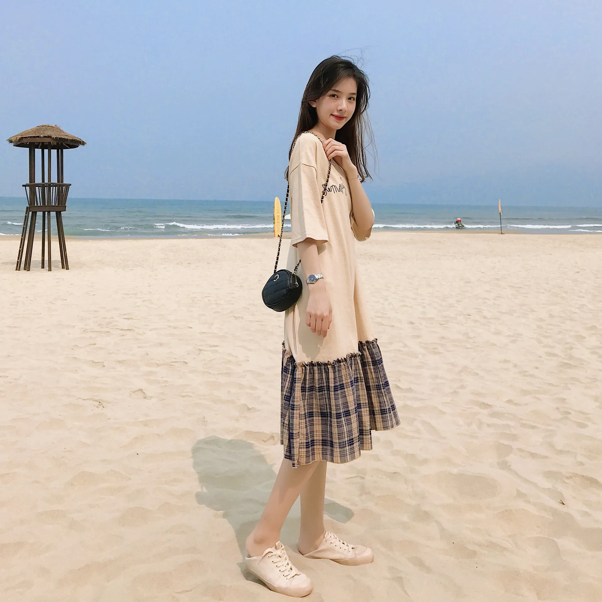 

2019 Summer New Style Korean-style Printed Letter Loose-Fit Short-sleeve Dress Joint Flounced Plaid Skirt Children