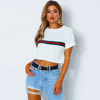 

Women's T-shirt Summer collection 2020 sexy crop neck red and green stripe Sexy navel short sleeve T-shirt top for women