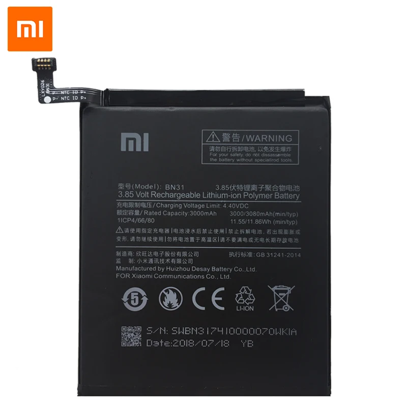 Xiaomi Original Replacement Batteries BN31 for Xiaomi Mi 5X Mi5X Redmi Note 5A Pro Mi A1 Redmi Y1 Lite S2 Phone Battery 3000mAh Xiaomi Original Replacement Batteries BN31 for Xiaomi Mi 5X Mi5X Redmi Note 5A Pro Mi A1 Redmi Y1 Lite S2 Phone Battery 3000mAh