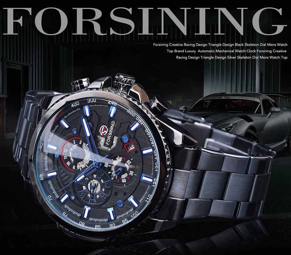 Forsining – montre-bracelet militaire noire à remontage automatique pour hommes, étanche, 3 cadrans, mécanique, calendrier lumineux