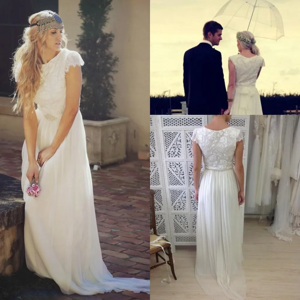 

2015 Custom Made Boho Wedding Dresses With Lace Cap Sleeve Bohemian Beach Wedding Dress A Line Long Garden Bridal Gowns Cheap
