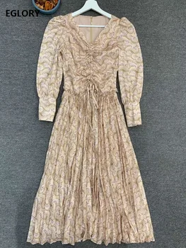 

High Quality Women's Dress 2020 Spring Clothing Ladies Exquisite Prints Drawstring Front Long Sleeve Mid-Calf Pleated Dress