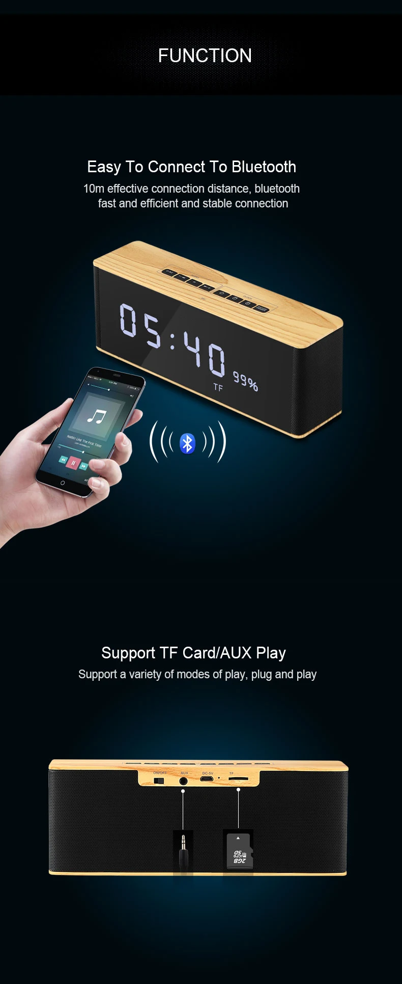 Портативный Bluetooth динамик беспроводной стерео музыкальный Soundbox с светодиодный дисплей времени будильник громкий динамик