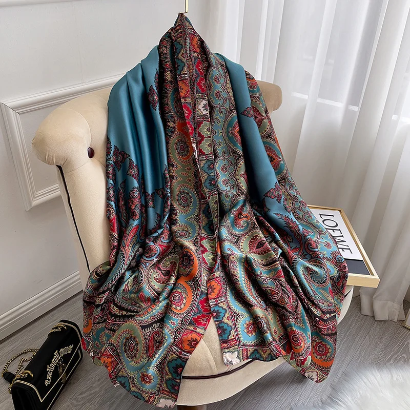 

luxury brand Retro floral Print Scarves for Ladies long soft beach shawl foulard soie sjaal foulard femme silk scarf