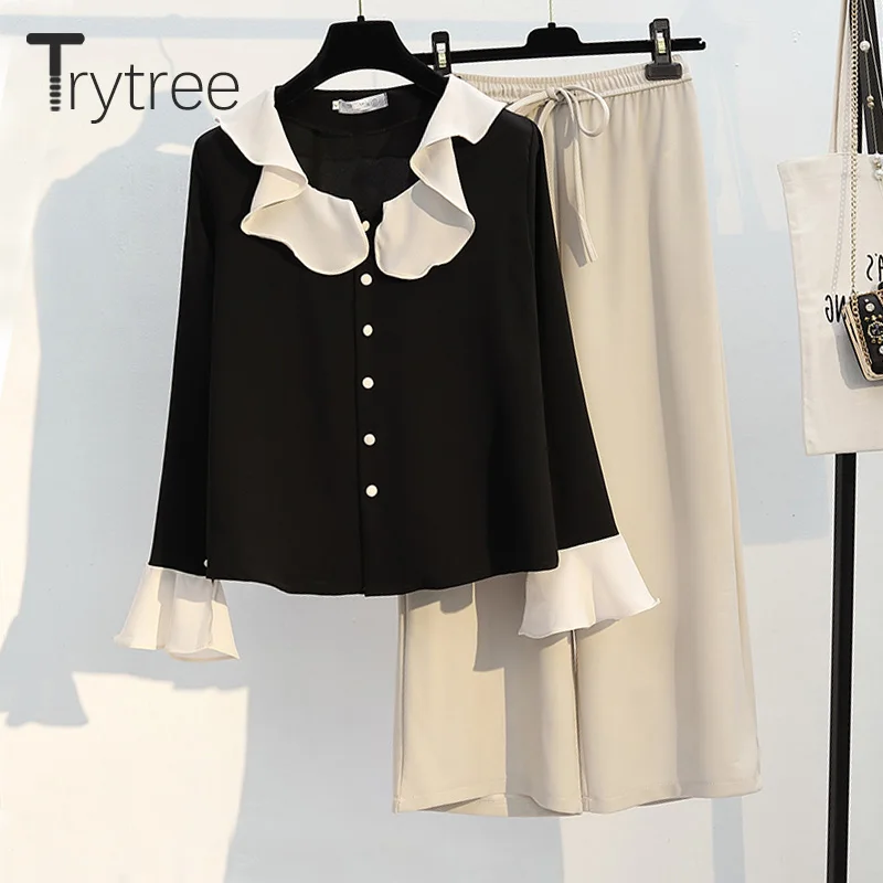

Trytree Autumn Women Top Two Piece Set Casual Peter pan Collar Flare Sleeve Tops + Pants Elastic Waist Office Lady 2 Piece Set
